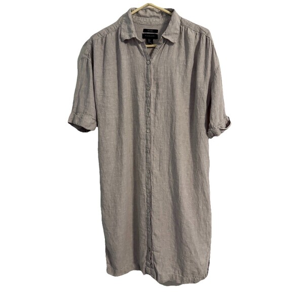 Tahari Women's Linen Gray Button Down Collar Knee Length Dress Sz M Lagenlook - Picture 1 of 7